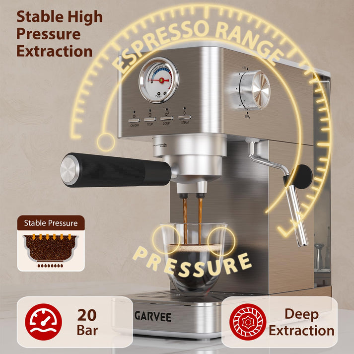 Garvee Cafetera Espresso Profesional 20 Bar Acero Inoxidable 1300W con Espumador de Leche y Manómetro para Cocina
