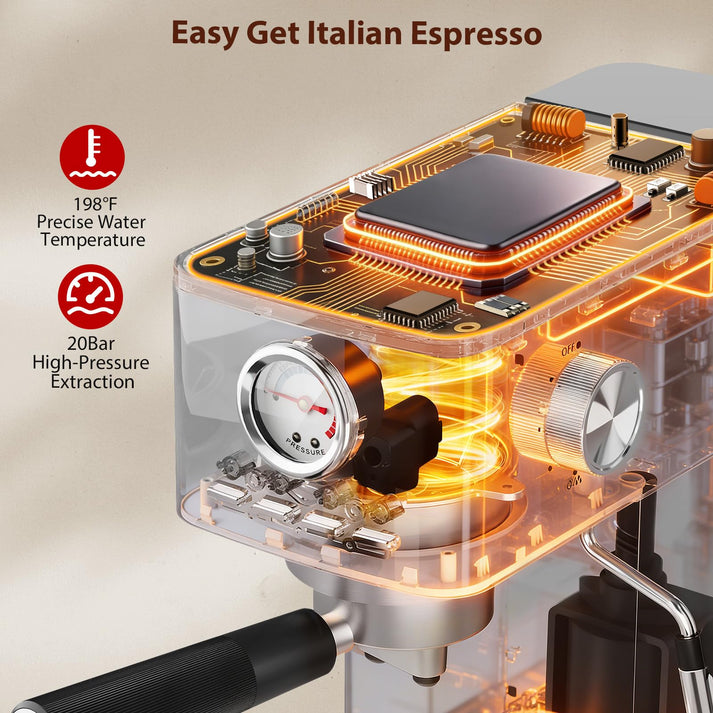 Garvee Cafetera Espresso Profesional 20 Bar Acero Inoxidable 1300W con Espumador de Leche y Manómetro para Cocina